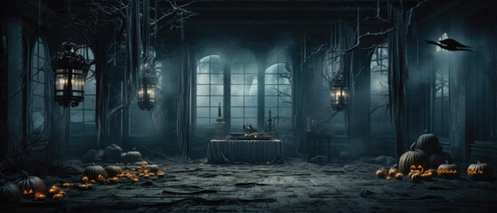 Halloween spooky background, scary pumpkins in old big creepy Happy Haloween ghosts horror house evil haunted castle scene. Creepy dark gothic mysterious night dark backdrop concept. 