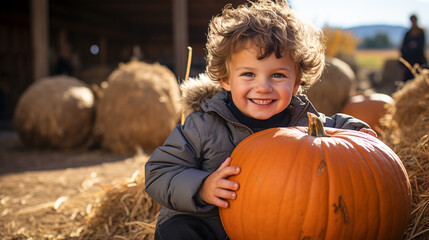 Happy young girl showing off her large ripe fall pumpkin at the pumpkin patch - generative AI.