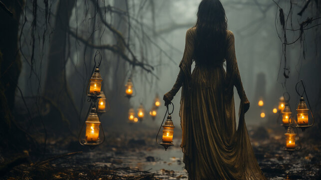 Mysterious female ghost figure walking amongst Spanish moss, forest and candlelit lanterns on Halloween night - generative AI.