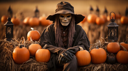 Scary ghostly Halloween scarecrow figure sitting amongst the country pumpkin patch - generative AI.