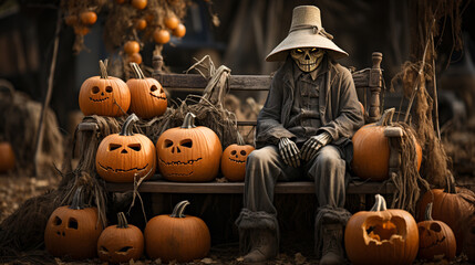 Decorated Halloween porch with pumpkins, hay bails and eerie skeleton - generative AI.