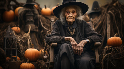 Obraz premium Ghostly scary old witch sitting amongst pumpkins and other Halloween decorations - generative AI.