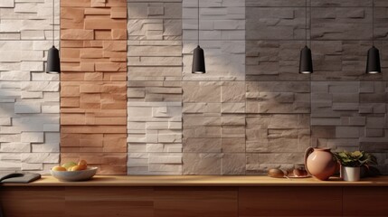 3D designs for ceramic wall tiles in home decor, featuring seamless textures with brick and stone.