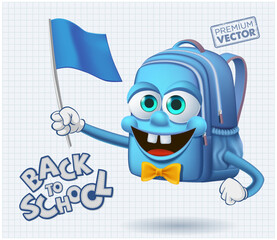 Cute smiley school bag mascot cartoon vector waving flag, back to school