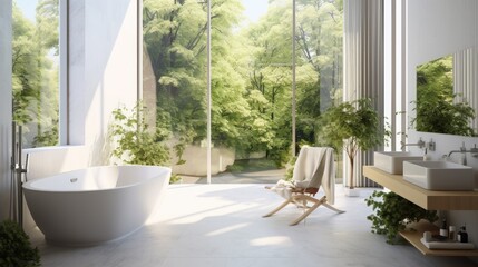 a contemporary bathroom with hazy nature background. White room with ample sunlight through big windows.