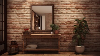 Brick wall with table, mirror, and decorations in hallway.