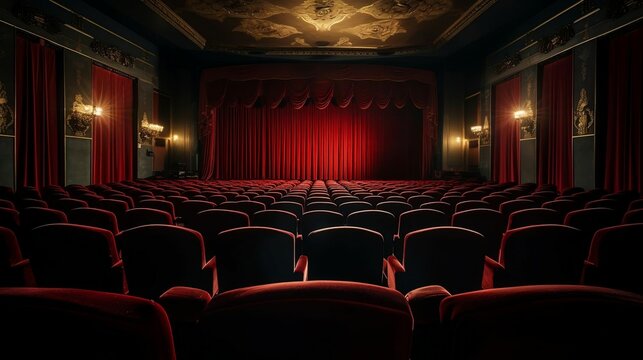 Classic movie theater with red velvet seats and curtains
