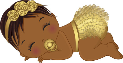Vector Cute African American Baby Girl Wearing Gold Ruffle Diaper