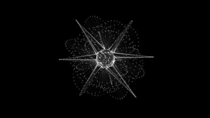 Flowing orbital polygonal sphere shape HUD, FUI element. Plexus style connecting lines and dots.