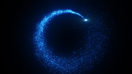 Bright flying sparks of particles, spinning in a circle, follow the flashing star.