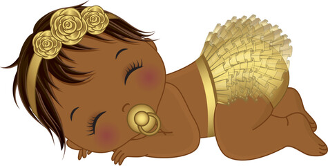 Vector Cute African American Baby Girl Wearing Gold Ruffle Diaper