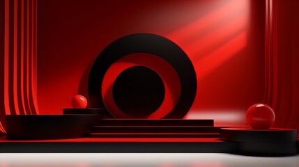 Abstract minimalistic red and black scene with geometric shapes. visualization AI