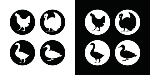 Logo template for chicken farm, turkey farm, duck farm, goose farm. goose, duck, turkey, chicken symbol in black and white. © zulfan
