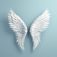 Fototapeta premium white Angel wings, realistic 3d, on light blue background.