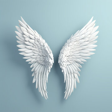 white Angel wings, realistic 3d, on light blue background.