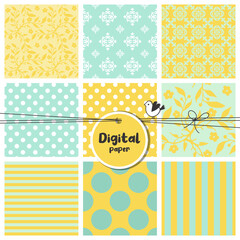 Digital papers, Set of seamless patterns, flowers, dots, stripes, square swatches, yellow and turquoise tones