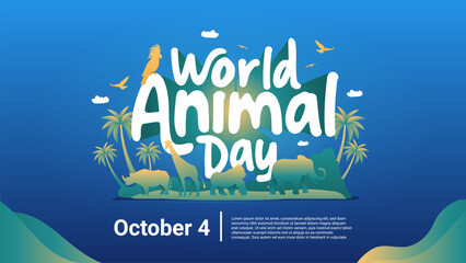 World Animal Day Banner With Colorful Animal Silhouette and Trees Illustration Concept