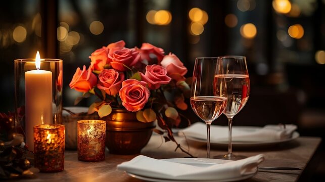 Romantic candlelit dinner setting with elegant decor
