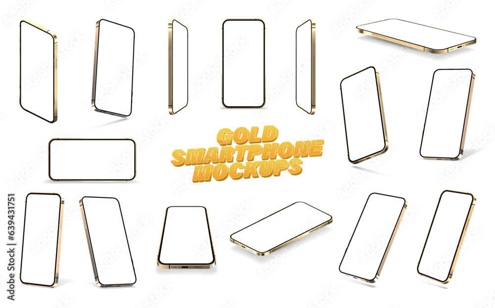 Poster Gold smartphones with glossy surface. 3D realistic mobile phones in different positions, at different angles. Smartphone mockups with blank screen. 3D cellphone mockups for UI, UX presentation. Vector