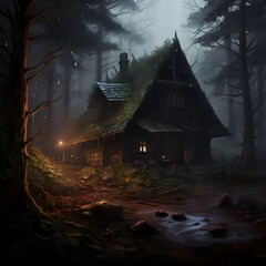 cinematic scene of a cabin in the forest