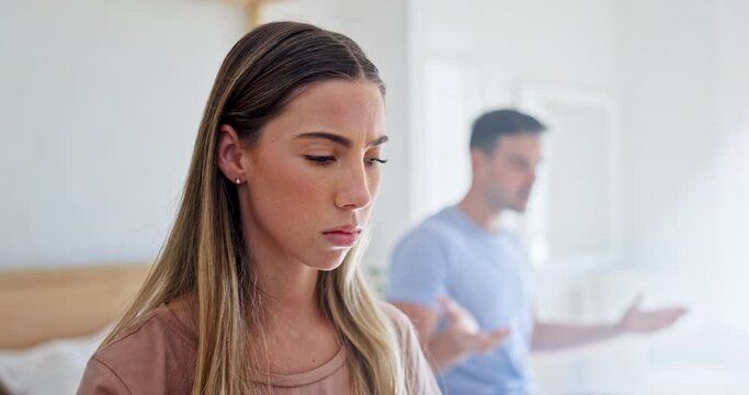Frustrated couple, fight and divorce in conflict, argument or disagreement on bed together at home. Unhappy woman and man in bedroom dispute, cheating affair or breakup in toxic relationship in house