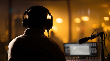 Man speaking or talk at night radio studio
