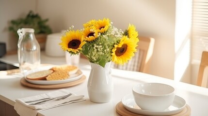A sunflower bouquet in a vase on the table