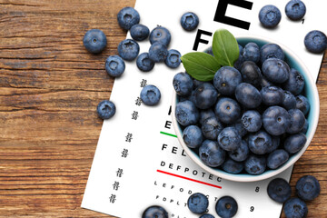 Improving eyesight. Vision test chart and blueberries on wooden table, top view. Space for text