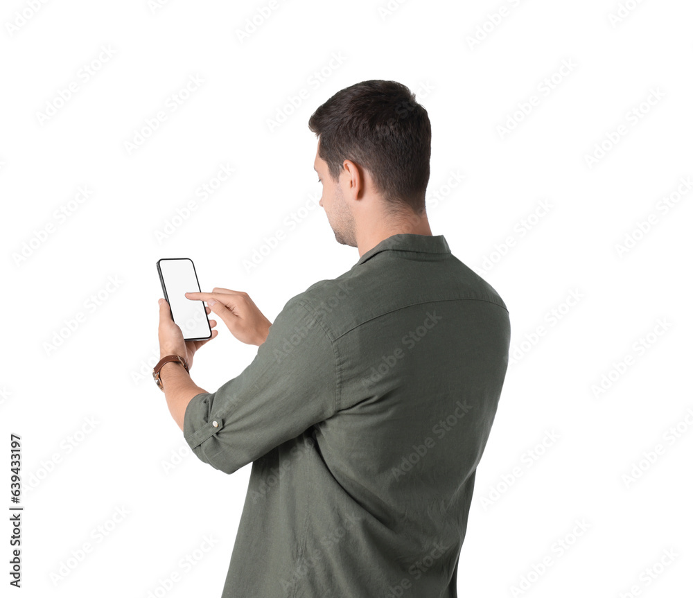 Wall mural man using smartphone with blank screen on white background