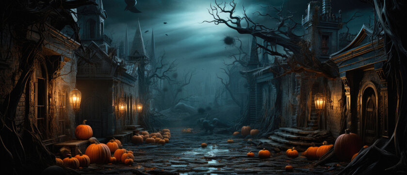 Halloween spooky background, scary pumpkins in old big creepy Happy Haloween ghosts horror house evil haunted castle scene. Creepy dark gothic mysterious night dark backdrop concept. 