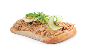 Delicious sandwich with tuna, boiled egg, cucumber slice and greens on white background