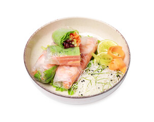 Delicious spring rolls wrapped in rice paper on white background
