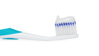 Plastic toothbrush with paste on white background