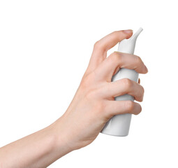 Woman holding nasal spray on white background, closeup