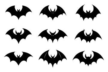 Halloween bat silhouette collection isolated. Spooky black horror bat graphic. Vector illustration