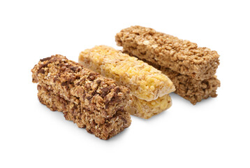 Different tasty granola bars isolated on white