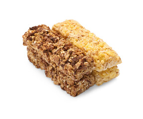 Different tasty granola bars isolated on white