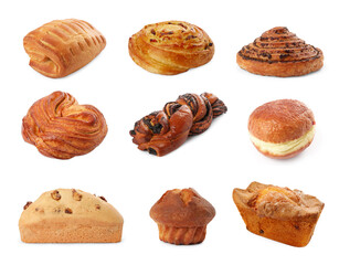 Set with different freshly baked pastries isolated on white