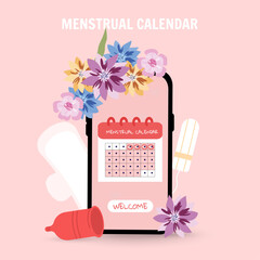 mobile concept menstrual calendar and women’s staff around with flowers