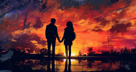 A Watercolor Painting of Teenagers Holding Hands While Watching a Setting Sun