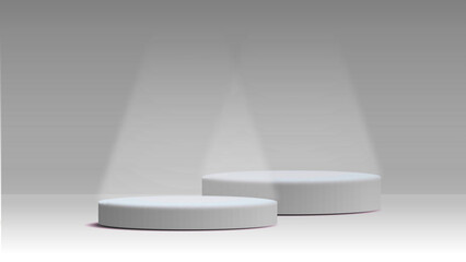 Two big size grey round pedestal podium that rounded edges.For place goods,cosmetics,cartoon model,design fashion,food,drink,fruit or technical tools advertising.3D illustration.
