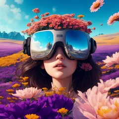 Virtual reality: Woman in awe amid surreal flower field, showcasing its transformative wonder.