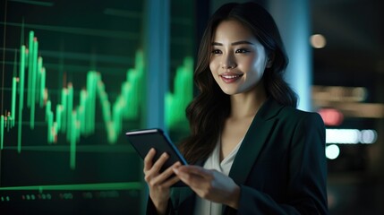 Pretty lady, Chairman of the Executive Committee, a shareholder, smiles in congratulations in the office. Investment business modern screen graph quick success