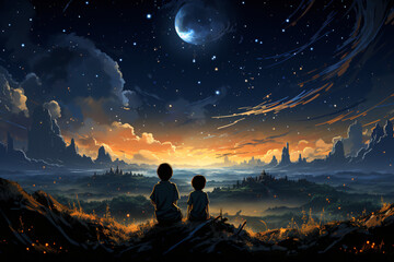 photo of children standing against twilight background cartoon illustration