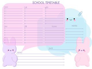 Cartoon animals bunny and cats School timetable , Day planner, Date Blank template. Vector illustration. Minimal style. Clean style. Daily to do. Go to school