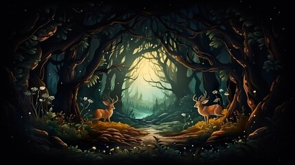 An illustration of a dark green magical forest. Frame background for websites, banners, ads books, posters, backdrops.