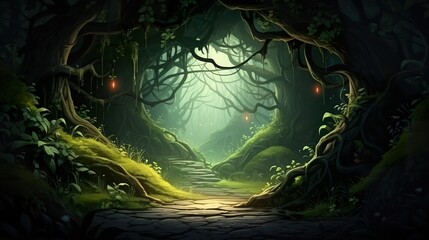 An illustration of a dark green magical forest. Frame background for websites, banners, ads books, posters, backdrops., Canva