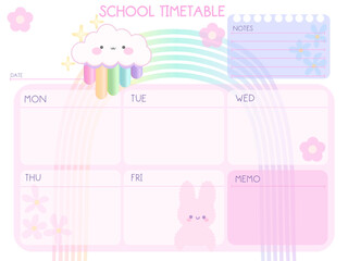 Cartoon animals bunny and cats School timetable , Day planner, Date Blank template. Vector illustration. Minimal style. Cartoon character . Daily to do. Go to school