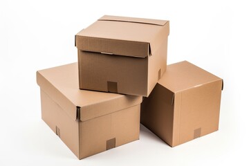 Three similar beige corrugated cardboard boxes with varied sized covers are placed separately on a white background. Generative AI