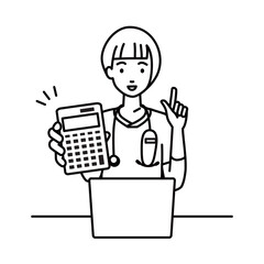 a nurse woman recommending, proposing, showing estimates and pointing a calculator with a smile in front of laptop pc